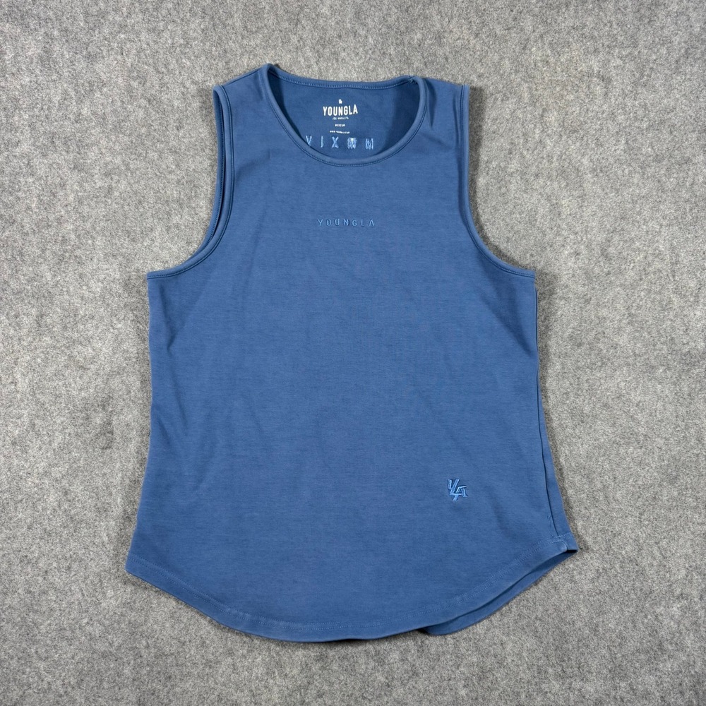 YoungLA Tank Top Mens Medium Blue Muscle Tee Embroidered Logo Curved Hem MMXIV